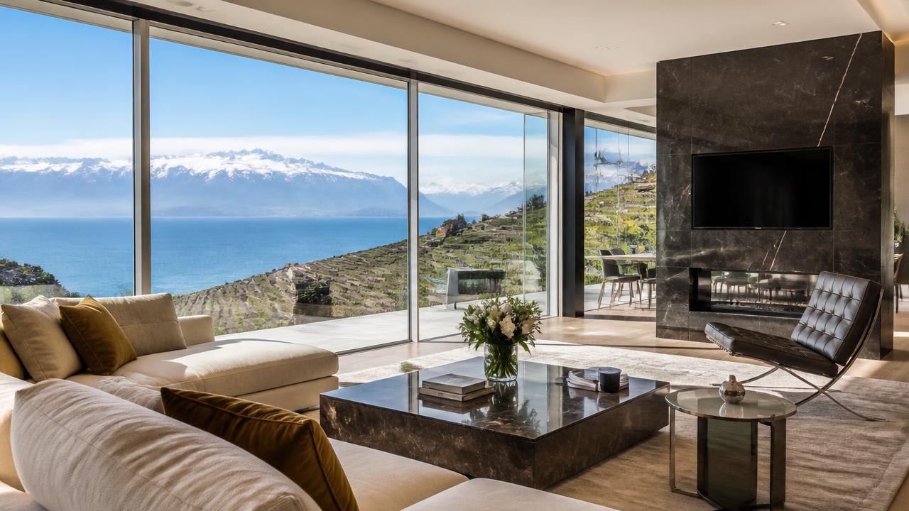 Salon moderne avec vue sur les vignobles de Lavaux et le lac Léman